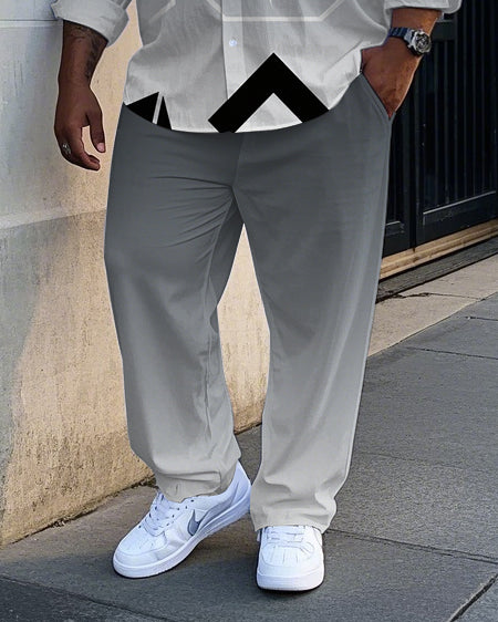 Big Guy's Casual Machine Bear Graffiti Gray Gradient Effect Lapel Long Sleeve Shirt Pants Set