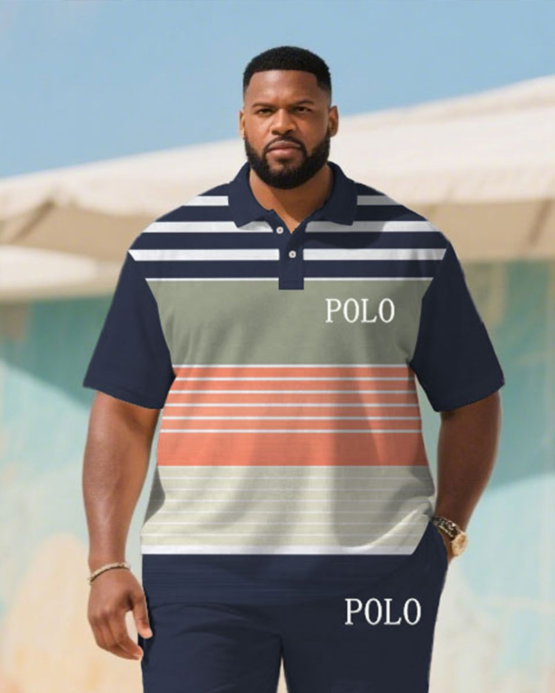Big & Tall Men's Summer Dark Blue & White & Orange Striped Polo Short Sleeve Shirt Shorts Suit