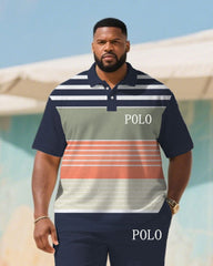 Big & Tall Men's Summer Dark Blue & White & Orange Striped Polo Short Sleeve Shirt Shorts Suit