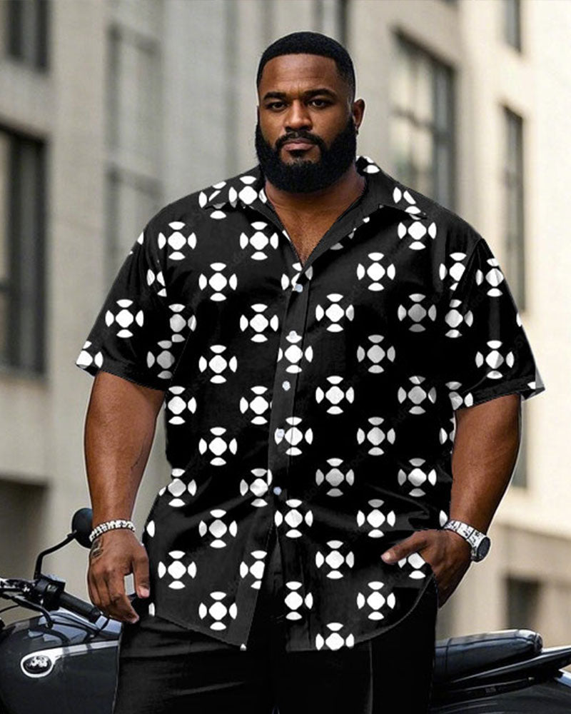 Men's Plus Size Business Black Geometric Arrangement Printing Daily Casual Short Sleeve Shirt Trousers Suit