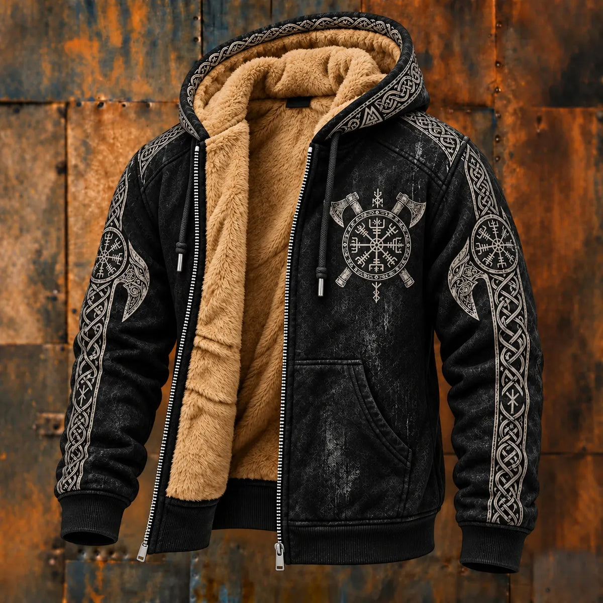 Men's Retro Viking Print Zipper Fleece Hooded Jacket