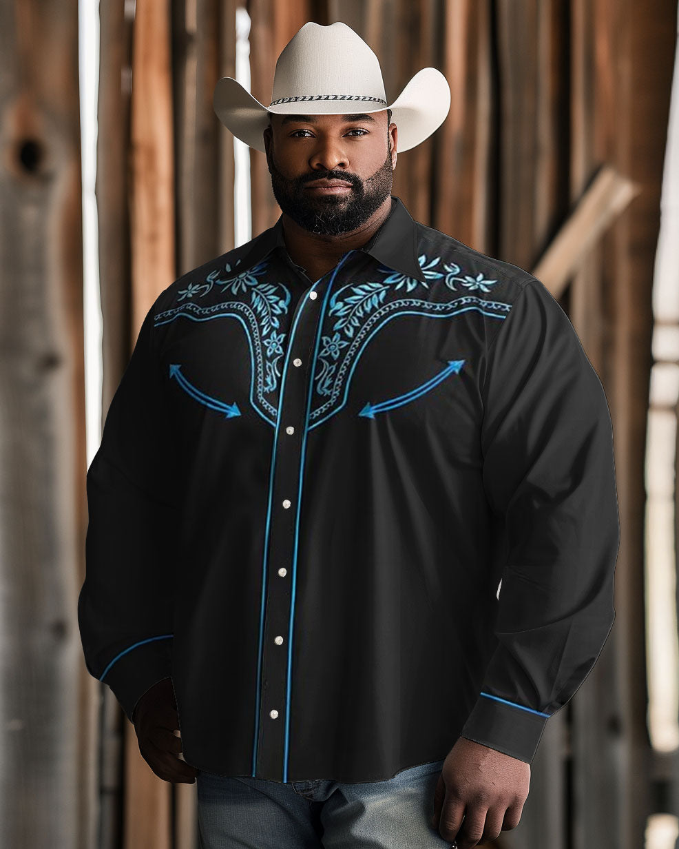 Men's Plus Size Western Denim Retro Blue Floral Pattern Lapp Long Sleeve Shirt