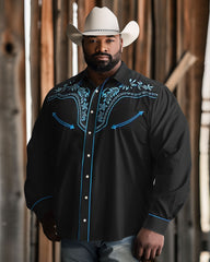 Men's Plus Size Western Denim Retro Blue Floral Pattern Lapp Long Sleeve Shirt