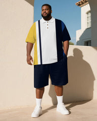 Big & Tall Men's Business Yellow Blue Stripe Print Short Sleeve Polo Shirt Shorts Suit