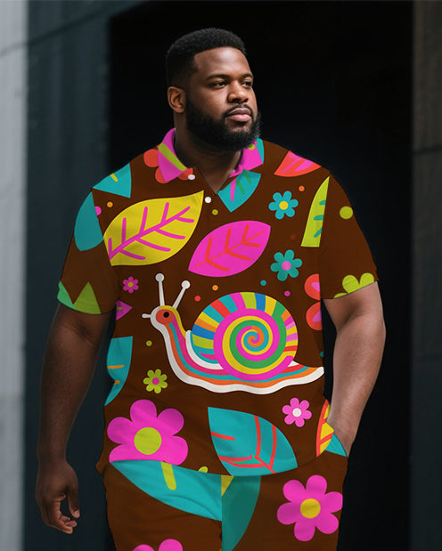 Big Guy's Dreamy Animal World Snails Printed Casual Short-Sleeve Polo Shirt & Shorts Set