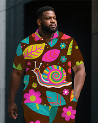 Big Guy's Dreamy Animal World Snails Printed Casual Short-Sleeve Polo Shirt & Shorts Set
