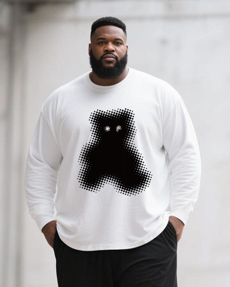 Big & Tall Men's Black And White Geometric Bear Print Long Sleeve T-Shirt Pants Suit