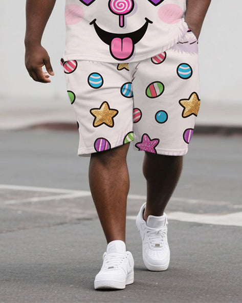 Big Men's Cute Sugar Bear Printed Casual Outdoor Short-Sleeve Polo Shirt Shorts Set