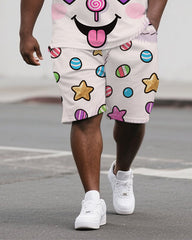 Big Men's Cute Sugar Bear Printed Casual Outdoor Short-Sleeve Polo Shirt Shorts Set