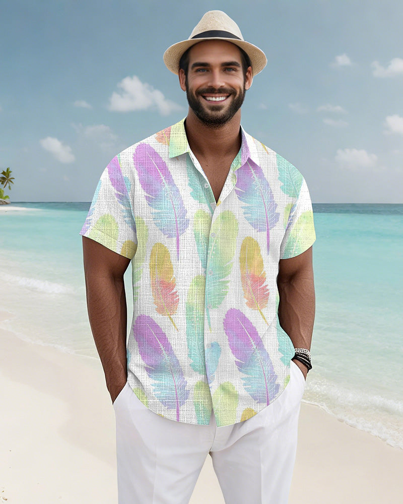 Men's Plus Size Hawaiian Colorful Feather Print Short Sleeve Slub Shirt