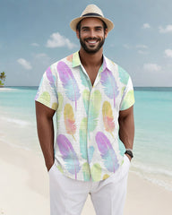 Men's Plus Size Hawaiian Colorful Feather Print Short Sleeve Slub Shirt