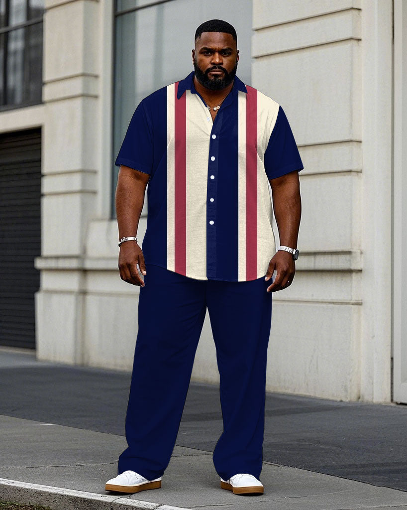 Men's Plus Size Business Sapphire Blue & Red Classic Color Stitching Short Sleeve Shirt Trousers Suit