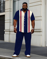 Men's Plus Size Business Sapphire Blue & Red Classic Color Stitching Short Sleeve Shirt Trousers Suit