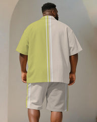 Men's Plus Size Casual Business Apricot Spelling Green Striped Printed Shirt Shorts Suit
