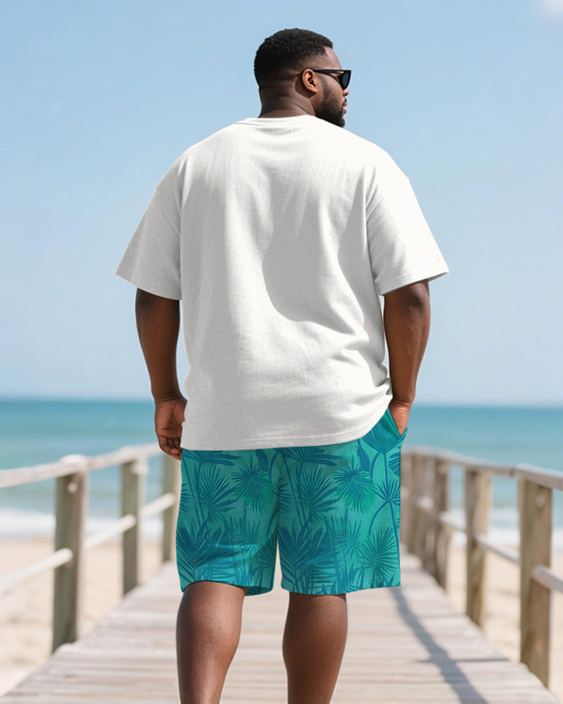 Men's Plus Size Hawaiian Coconut Leaf Patchwork Printed Henry Collar Short Sleeve T-Shirt Shorts Suit
