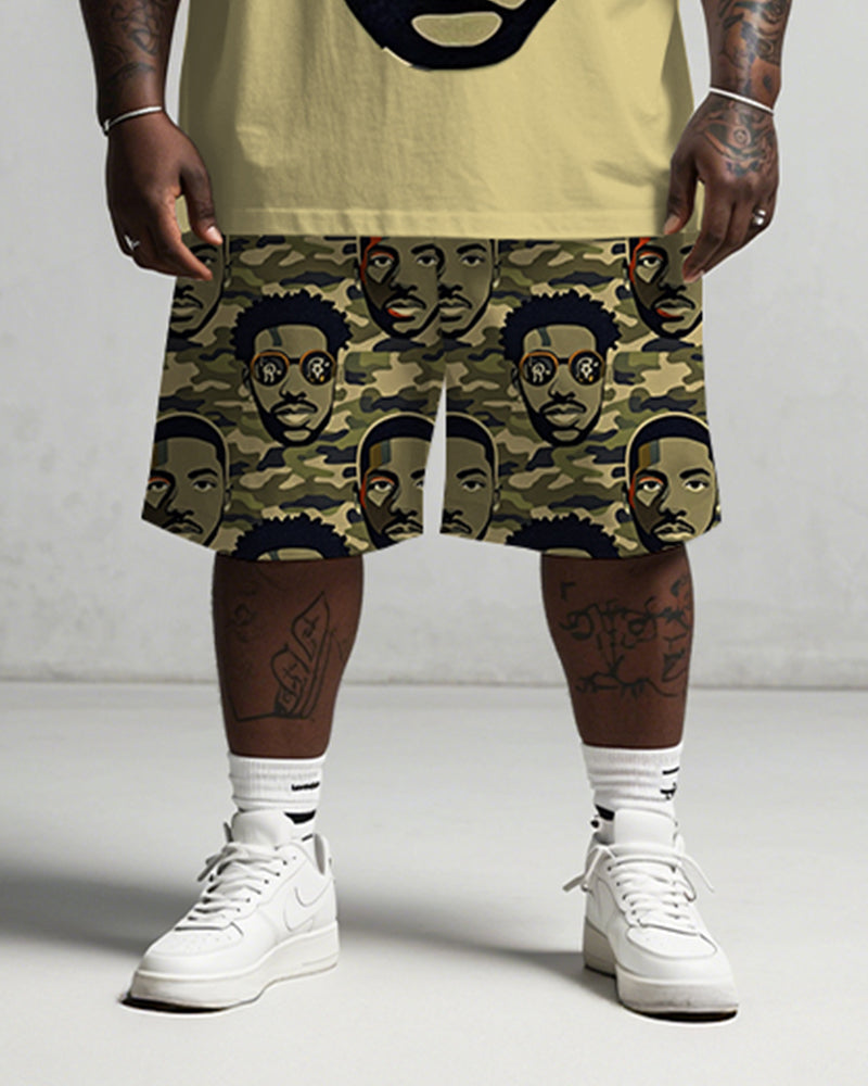 Men's Plus Size Street Fashion Camouflage Hip Hop Head Green Print T-Shirt Shorts Suit
