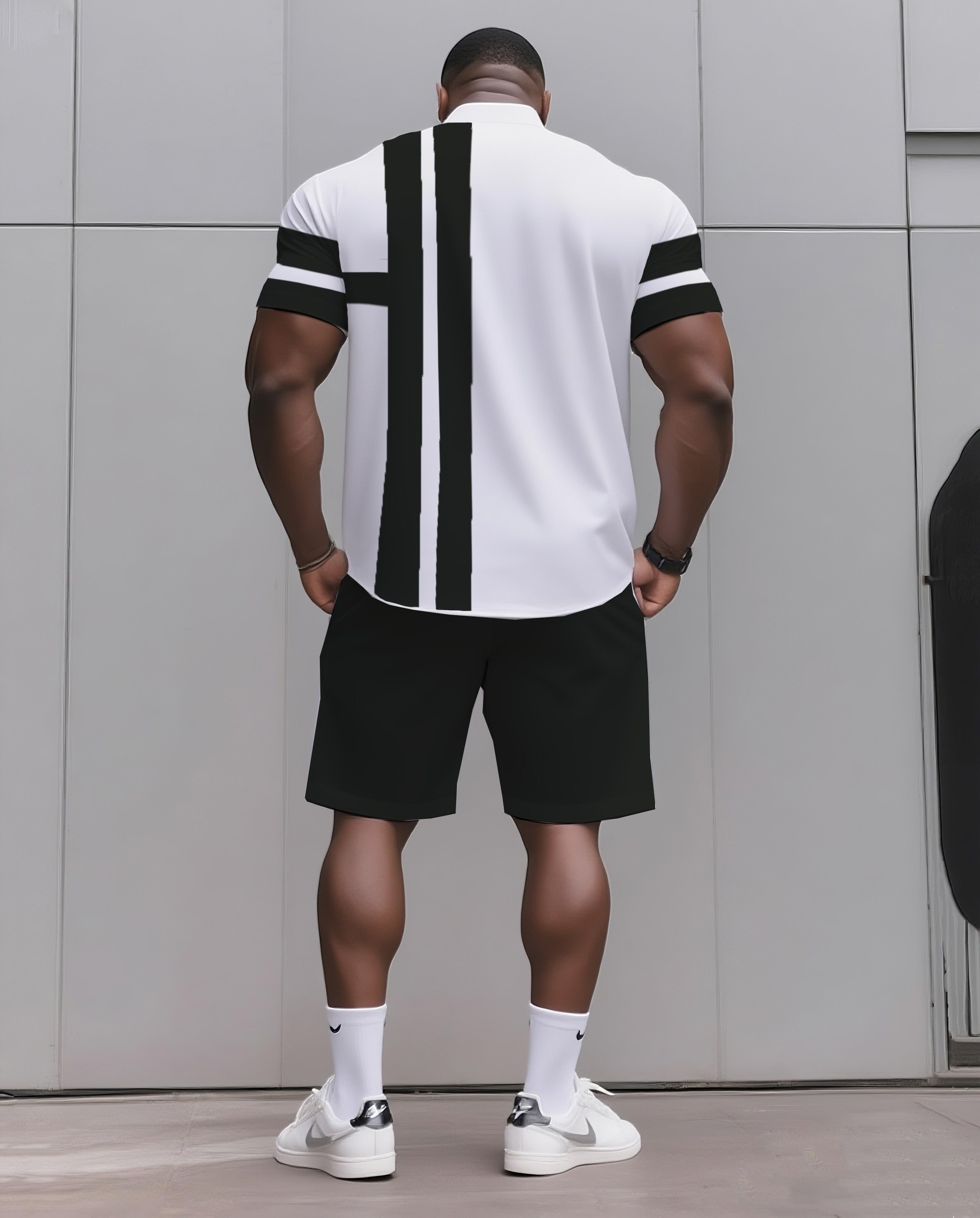 Big & Tall Men's Daily Casual Black & Grey & Wine Red & Fluorescent Green & Blue & Dark Blue. Big Striped Shirt Shorts Suit