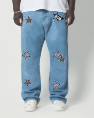 Big & Tall Men's Fashion Street Stars Creative Design Wash Water Denim Trousers