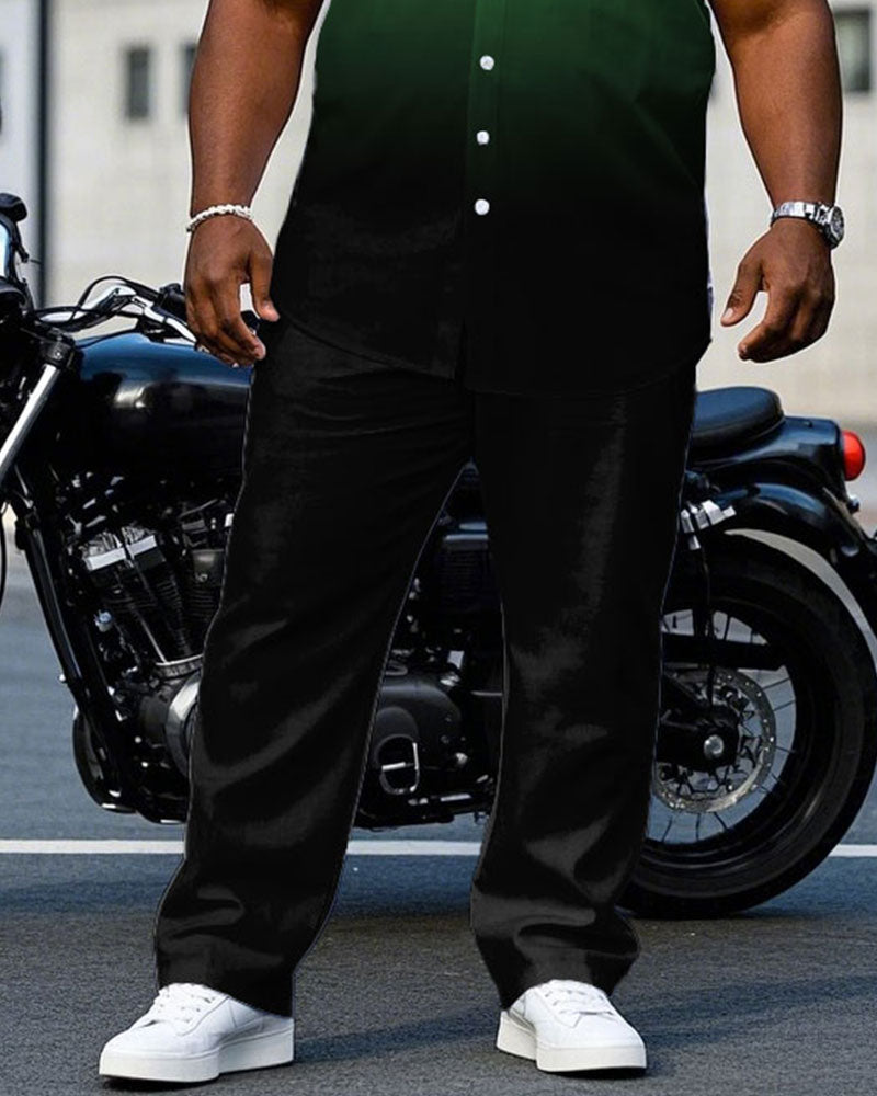 Men's Plus Size Black & Green Gradient Short Sleeve Shirt Trousers Suit