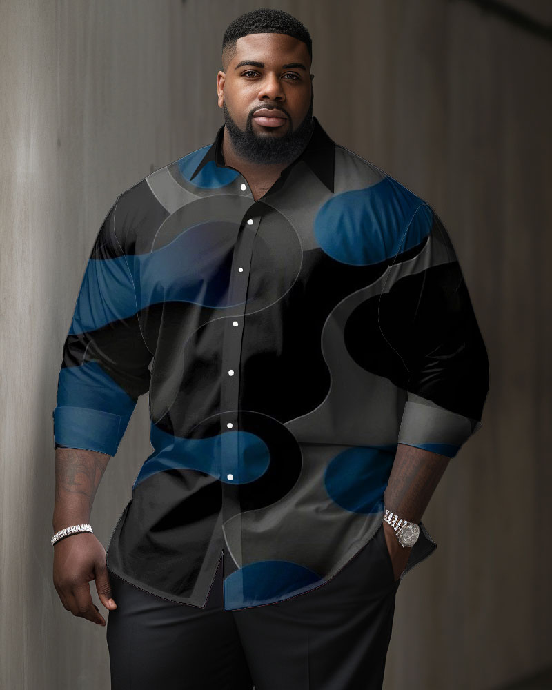 Big Men's Casual Gradient Color Block Textured Lapel Long Sleeve Shirt