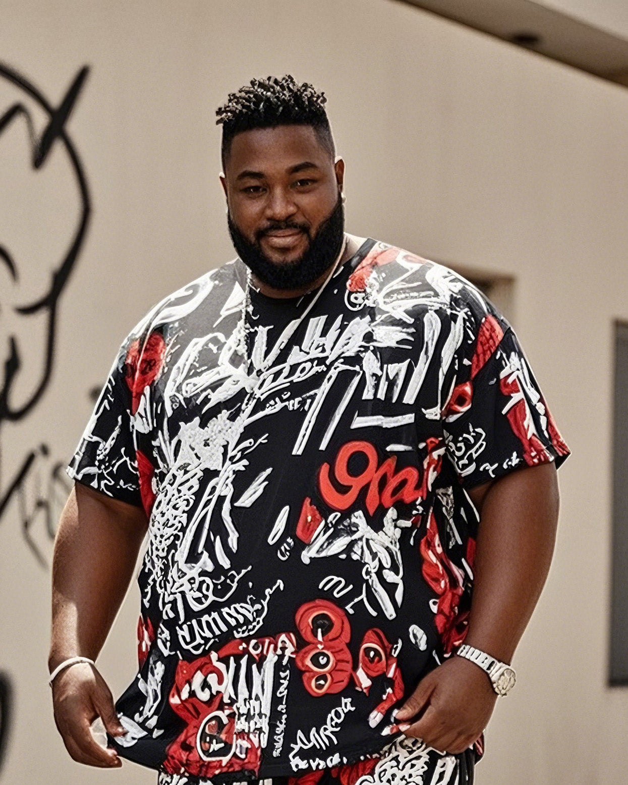 Plus Size Men's Creative Graffiti English Printed T-shirt Shorts Suit