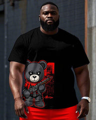 Big Men's Hip Hop Cartoon Soldier Bear Printed Street Casual Short Sleeve T-shirt Shorts Set