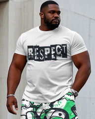 Men's Plus Size Street Fashion "Respect" Slogan Hand Brush Printed Short Sleeve T-Shirt Shorts Suit