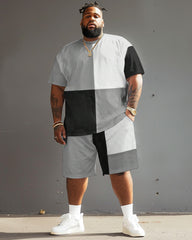 Men's Big and Tall Casual Color Block Printed T-shirt Shorts Set