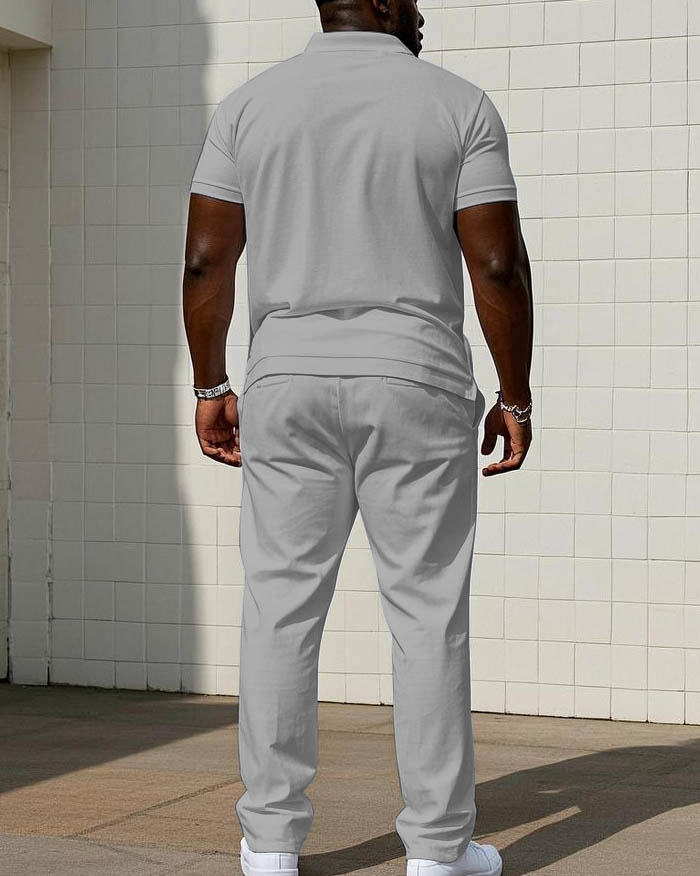 Simple Casual Small Label Printed Short-sleeved Polo Trousers Big Men's Set