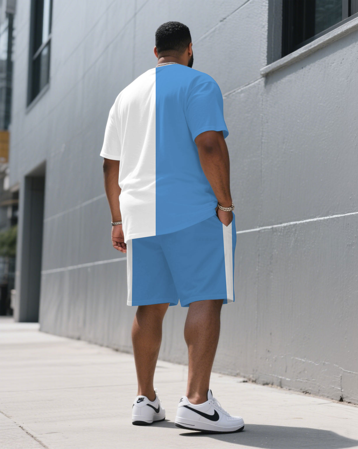 Men's Plus Size White & Blue Pants Side-stitched Round Neck Short-sleeved T-shirt Half-length Pants Suit