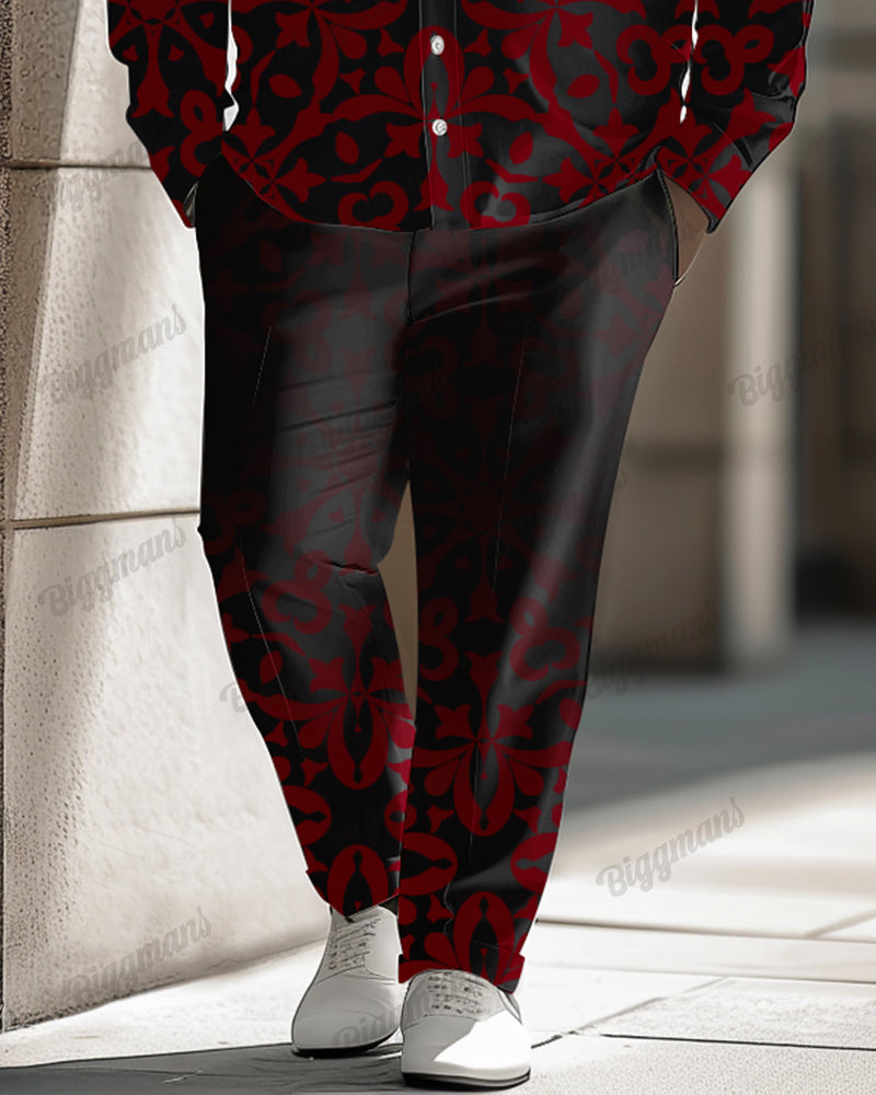 Vintage Gradient Jacquard Pattern Long Sleeve Lapel Shirt 2 Piece Set Men's Plus Size