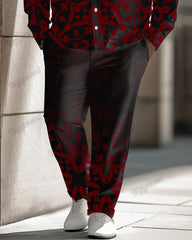 Vintage Gradient Jacquard Pattern Long Sleeve Lapel Shirt 2 Piece Set Men's Plus Size