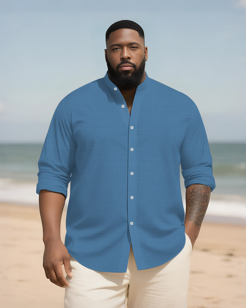 Big & Tall Men's Daily Solid Color Bamboo Hemp Texture Stand Collar Long Sleeve Shirt