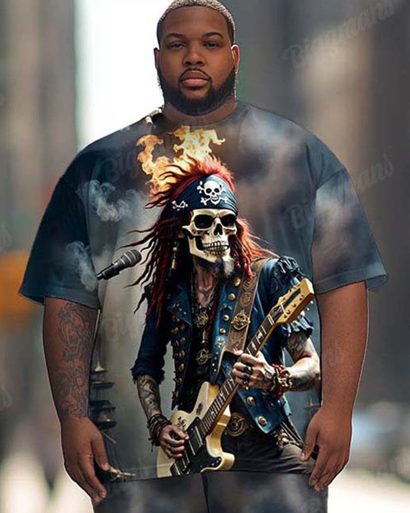 Men's Plus Size Street Fashion Graffiti Guitar Skull Print T-Shirt Trousers Suit