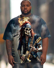 Men's Plus Size Street Fashion Graffiti Guitar Skull Print T-Shirt Trousers Suit