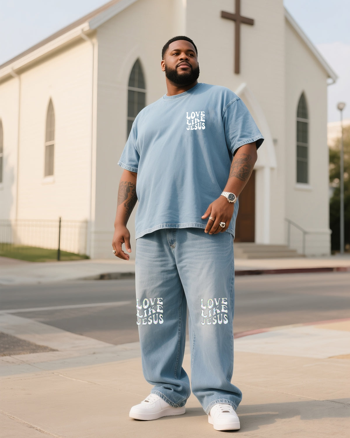 Plus Size Men Like Jesus To Love Micro-standard Denim T-shirt Pants Suit