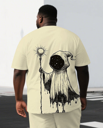 Men's Casual Ghost Illustration Back Print Big & Tall Stretchy Short-Sleeve T-shirt Shorts Set