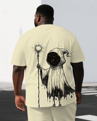 Men's Casual Ghost Illustration Back Print Big & Tall Stretchy Short-Sleeve T-shirt Shorts Set