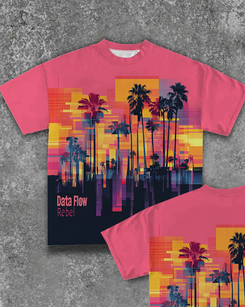 Men's Plus Size Street Fashion Neon Color Block Palm Tree Silhouette Print Round Neck Short Sleeve T-Shirt