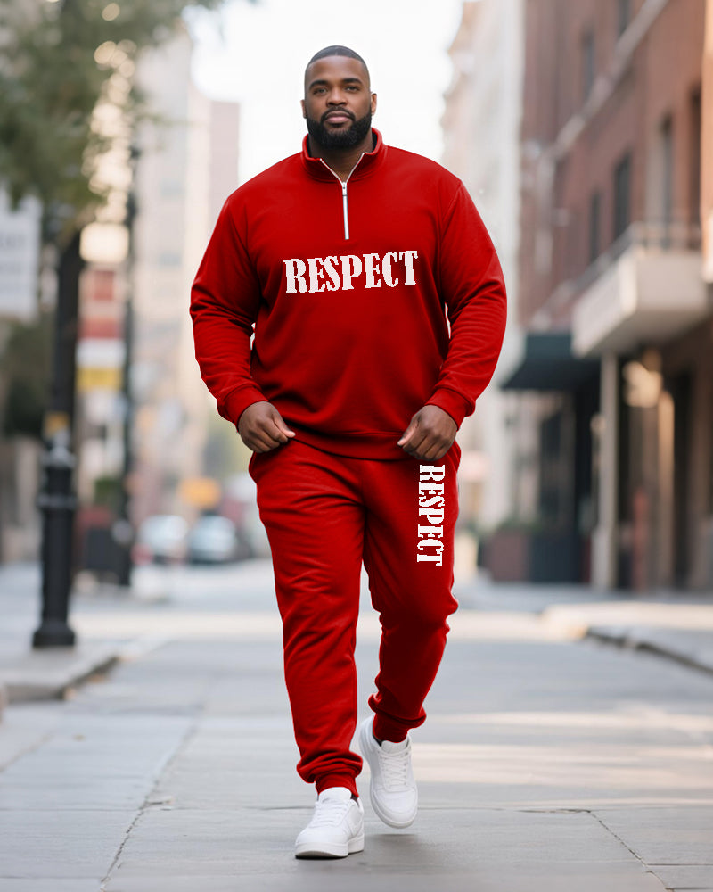 Big & Tall Men's RESPECT Solid Color Printed POLO Collar Zipper Long Sleeve Pants Two-Piece Set