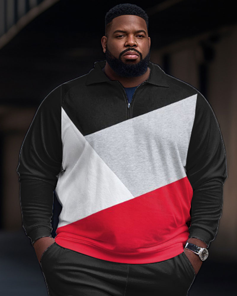 Men's Plus Size Color Block Graphic Simple Style Zip Shirt and Pants Two Piece Set
