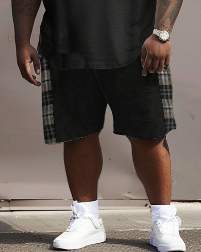 Men's Plus Size Casual Simple Plaid Pocket Printed T-shirt Shorts Suit