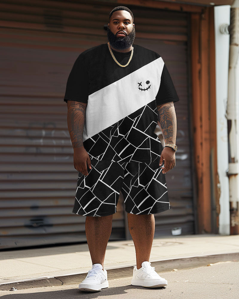 Casual Colorblock Geometric Print Large Size Men's T-shirt Shorts Set