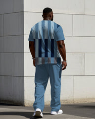 Men's Plus Size Blue Multi-geometric Chest Small Label Printed Short-sleeved T-shirt Trousers Suit