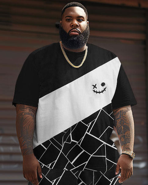 Casual Colorblock Geometric Print Large Size Men's T-shirt Shorts Set
