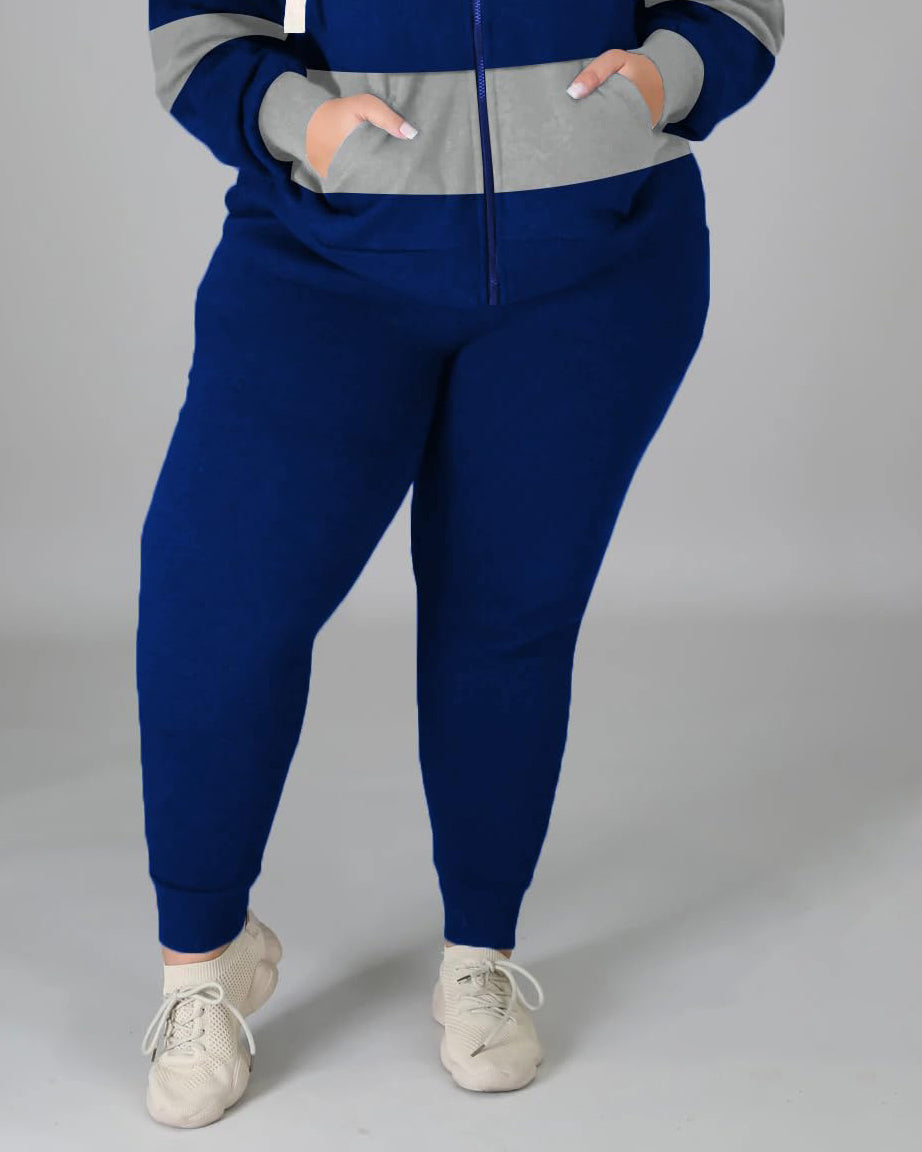Women's Plus Size 2 Piece Tracksuit Stripe Zipper Hoodie and Pants Set