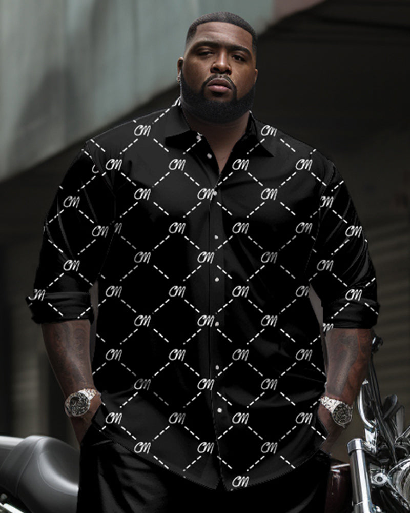 Big & Tall Men's Business Black Letter Dotted Pattern Printed Long Sleeve Shirt Trousers Suit