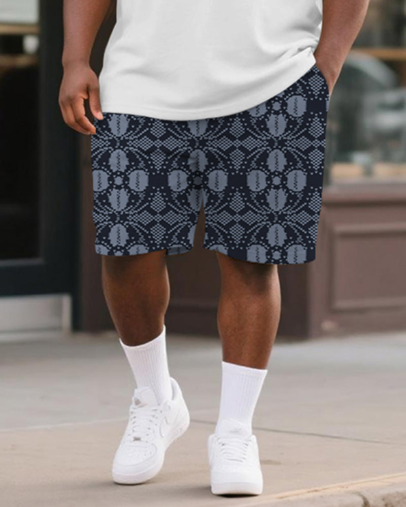 Big & Tall Men's Blue Pattern Diamond Stitching Printed Round Neck Short Sleeve T-shirt Shorts Suit