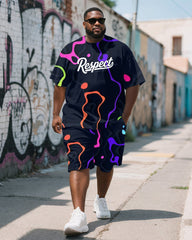 Men's Plus Size Irregular Graffiti Respect Letter Print Short Sleeve T-Shirt Shorts Suit