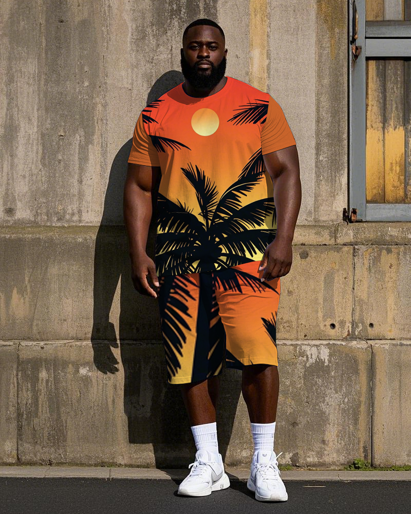 Big Men's Hawaiian Bright Sunset Coconut Trees Printed Casual Short Sleeve T-shirt Shorts Set